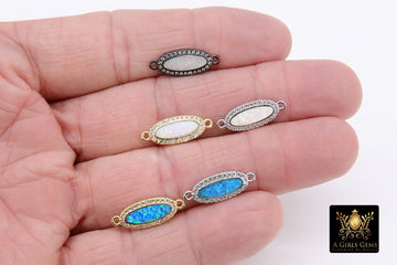 Opal CZ Pave Bar Oval Connectors, Gold Blue Opal Links, Black and Silver Plated Cubic Zirconia Bracelet Bars